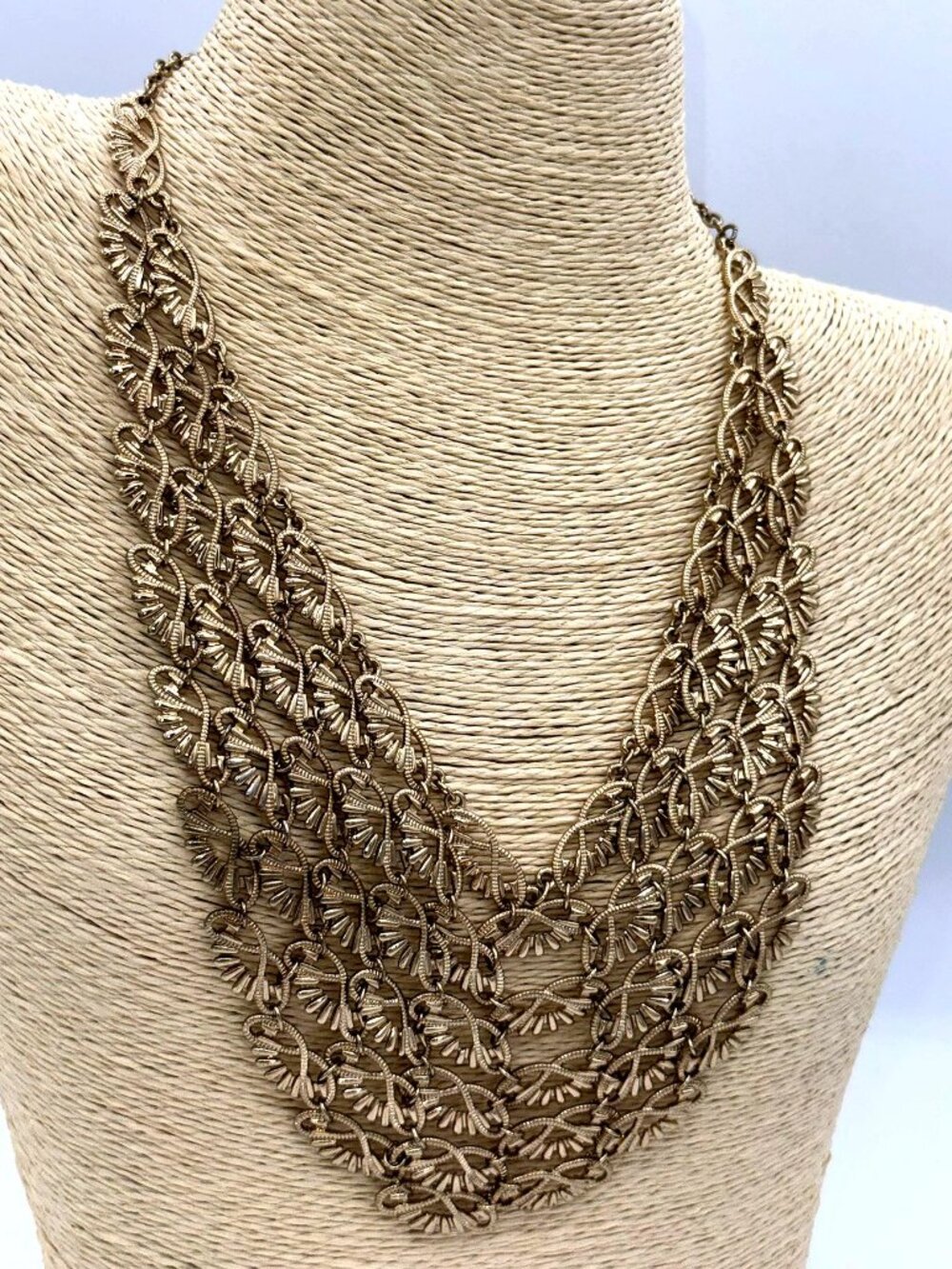 Gold Tone Layered Statement Necklace Textured Chain Bib Design